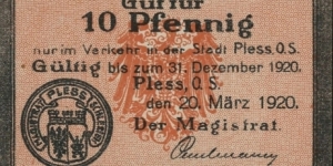 10 Pfennig Notgeld City of Pless/Pszczyna Banknote