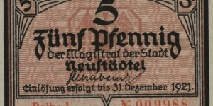 5 Pfennig Notgeld City of Neustädtel/Nowe Miasteczko Banknote