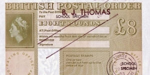 School Specimen 1985 8 Pounds postal order. Banknote