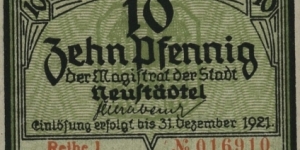 10 Pfennig Notgeld City of Neustädtel/Nowe Miasteczko Banknote