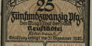 25 Pfennig Notgeld City of Neustädtel/Nowe Miasteczko
 Banknote