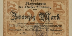 20 Mark Notgeld City of Ortelsburg/Szczytno Banknote