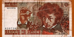 France | 10 Francs, 1977 | 
Obverse: Louis Hector Berlioz (1803 –1869, French Romantic composer, conducting an orchestra in the Chapelle des Invalides in Paris | Reverse: Hector Berlioz playing a guitar offered by Paganini in front of Villa Medici in Rome, The Mausoleum of Hadrian (usually known as the Château Saint-Ange (or Castel Sant'Angelo) in Rome and The Basilique Saint-Pierre (San Pietro/Sancti Petri) in Vatican | Watermark: Profile portrait of Hector Berlioz | Banknote