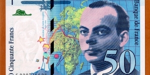 France | 50 Francs, 1997 | Obverse: Portrait of Antoine Jean-Baptiste Marie Roger de Saint Exupéry (1900-1944), who was a French writer and aviator, who disappeared in an air mission July 31, 1944 off Corsica, Map of Europe and Africa where with the route of the two journeys made by Antoine de Saint-Exupéry,  the 