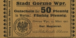 City of Gorzno/Górzno - Coupon for 50 Pfennig. Jakubowski/Schwarz Banknote