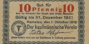 10 Pfennig - City of Namslau/Namysłów. Issued by Merchant Society. Banknote