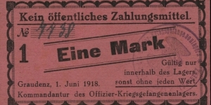 1 Mark - Graudenz. POW camp. Banknote