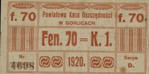 City of Gorlice Coupon for 70 Fenigów = 1 Korona. Banknote