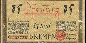 75 Pfennig Notgeld City of Bremen Banknote