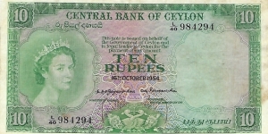 CEYLON  10 RUPEES
1954 Banknote