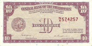 PHILIPPINES 10 Centavos
1949 Banknote