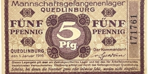 5 Pfennig (Quedlinburg - Prisoners of War Camp 1916) Banknote