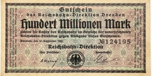 100.000.000 Mark (Deutsche Reichsbahn / Dresden)  Banknote