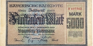 5000 Mark (Regional Issue / Bavarian Note Issuing Bank-Weimar Republic 1922)  Banknote