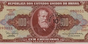 10 Centavos overprint on 100 Cruzeiros Banknote