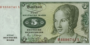 German Federal Republic 5 Mark B 8886741 X Banknote