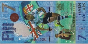 $7 Polymer Specimen banknote. Rugby 7s Olympic Gold Medal Commemorative banknote. Fiji's first and only Olympic medal.  Banknote