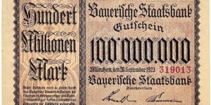 100.000.000 Mark (Local Issue - Notgeld / Bavarian Note Issuing Bank-Weimar Republic 1923)  Banknote