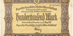 100.000 Mark (Notgeld-Token /Bavarian Brown Coal Industry Corporation BBI AG /Schwandorf -Weimar Republic 1923)   Banknote