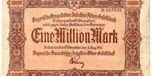 1.000.000 Mark (Notgeld-Token /Bavarian Brown Coal Industry Corporation BBI AG/Schwandorf -Weimar Republic 1923)  Banknote