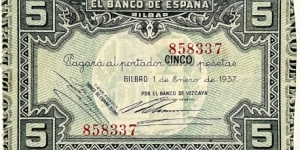 5 Pesetas (Spanish Civil War / Bilbao) Banknote