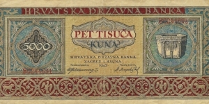 CROATIA 5,000 Kuna 1943 Banknote