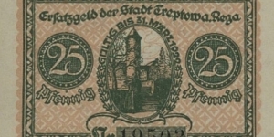 25 Pfennig - Treptow an der Rega. Now city in Poland - Trzebiatów. Banknote