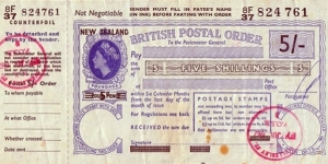 New Zealand 1967 5 Shillings postal order.

Issued at Wellesley St. (Auckland).

Last day of issue before Decimal Currency Day. Banknote