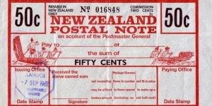 New Zealand 1967 50 Cents postal note.

Issued at Kaiapoi Telephone Branch. Banknote