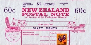 New Zealand 1973 60 Cents postal note.

Issued at Invercargill. Banknote