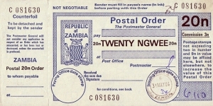 Zambia 1984 20 Ngwee postal order.

Issued at Lusaka. Banknote
