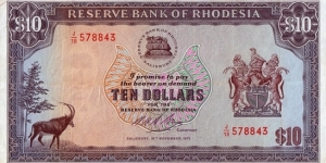 Rhodesia 1973 10 Dollars. Banknote