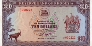 Rhodesia 1979 10 Dollars.

Low serial number. Banknote