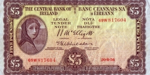 Ireland 1956 5 Pounds. Banknote