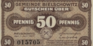 50 Pfennig Notgeld Bielschowitz (Bielszowice, district in the west of Ruda Śląska, Silesian Voivodeship in southern Poland) Banknote