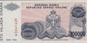 Serb Republic of Krajina 100000 Dinara Banknote