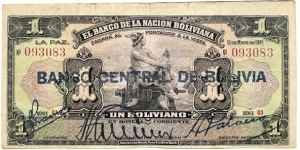 1 Boliviano (Overprinted Issue of 1929 / Serial 093 083) Banknote