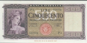 (Reproduction) / 500 Lire / pk (80a) / (1947-1948) /  Banknote