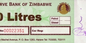 Zimbabwe N.D. (2009) 20 Litres fuel coupon. Banknote