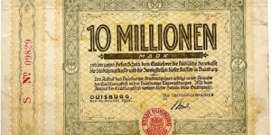 10.000.000 Mark (Duisburg /Westphalia /Ruhr Area - Weimar Republic 1923)  Banknote