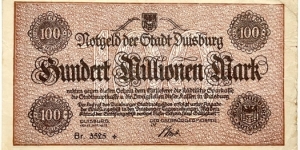 100.000.000 Mark (Duisburg /Westphalia /Ruhr Area - Weimar Republic 1923)  Banknote