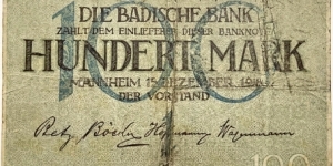 100 Mark (Regional Issue / Baden Note Issuing Bank - German Empire 1918)  Banknote