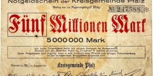 5.000.000 Mark (Local Issue / Palatinate District municipality / Weimar Republic 1923) Banknote