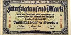 50.000 Mark (Regional Issue / Saxony Note Issuing Bank of Dresden / Weimar Republic 1923 / Year Serial 001916) Banknote