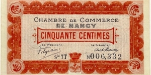 50 Centimes (Chambre de Commerce de Nancy 1917)  Banknote