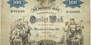 100 Mark (Regional Issue / Baden Note Issuing Bank - German Empire 1907)  Banknote