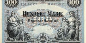 100 Mark (Regional Issue / Bavarian Note Issuing Bank - German Empire 1900)  Banknote