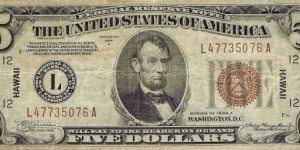 HAWAII 5 Dollars 1942 Banknote
