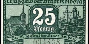 25 Pfennig notgeld City of Kolberg (now city in Poland Kołobrzeg) Banknote