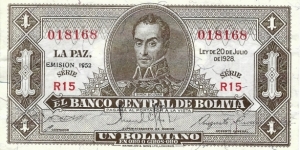 BOLIVIA 1 Boliviano 1952 Banknote